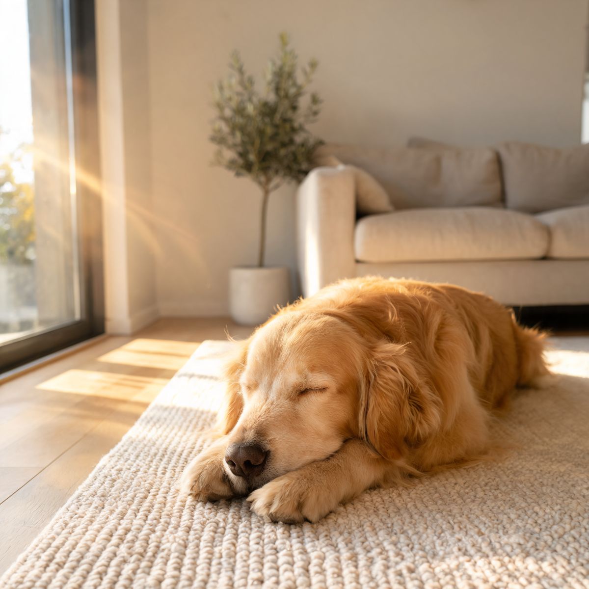 A calm golden retriever resting at home